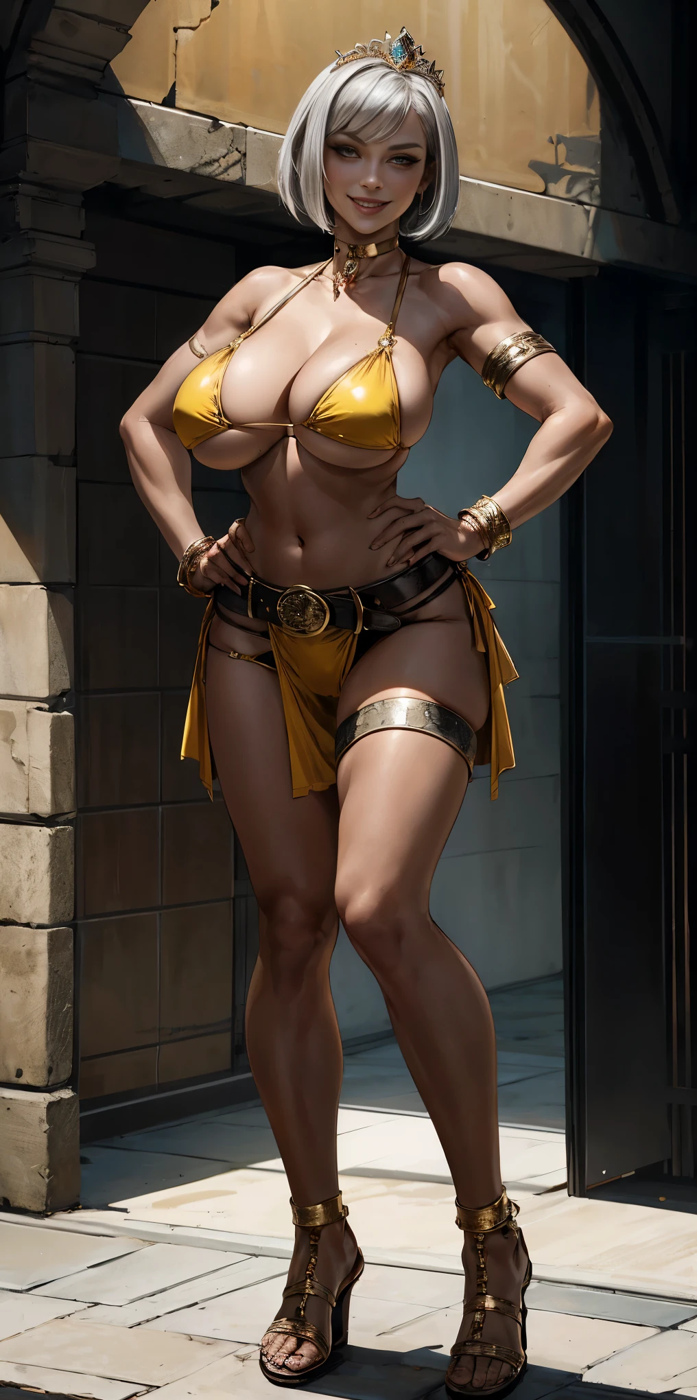 full body, whole body, solo, female, short white silver bob hair, big breast, yellow bikini, hands on hips, hands on waist, navel, lustful smirking smiling, smile red face, metal shoulders, gold sleeveless armbands, black leather choker collar, shackle bracelet, pauldrons, breastplate, leather corset, eye focus, loincloth standing, metal sandals, twin big belt, view from below, feet together, bracers, tiara