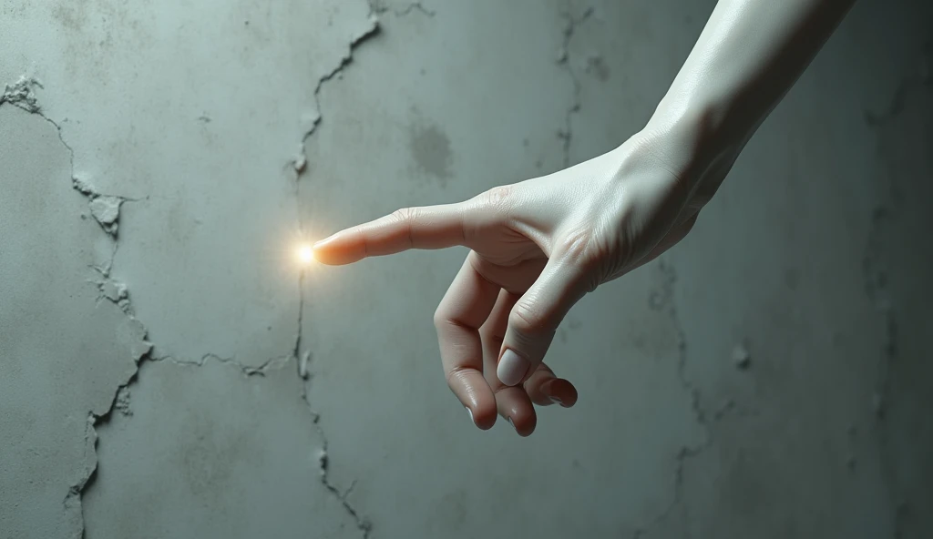 A human hand, seemingly made of a smooth, pale skin. The hand is extended, with the index finger emitting a soft glow. The background is a textured gray surface with visible cracks and patches. The hand appears to be reaching out or grasping the object with precision, suggesting advanced technology and dexterity.