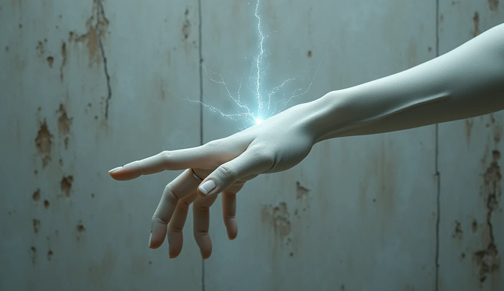 A human hand, seemingly made of a smooth, pale skin. The hand is extended, with the index finger emitting a soft glow. The background is a textured gray surface with visible cracks and patches. The hand appears to be reaching out or grasping the object with precision, suggesting advanced technology and dexterity.