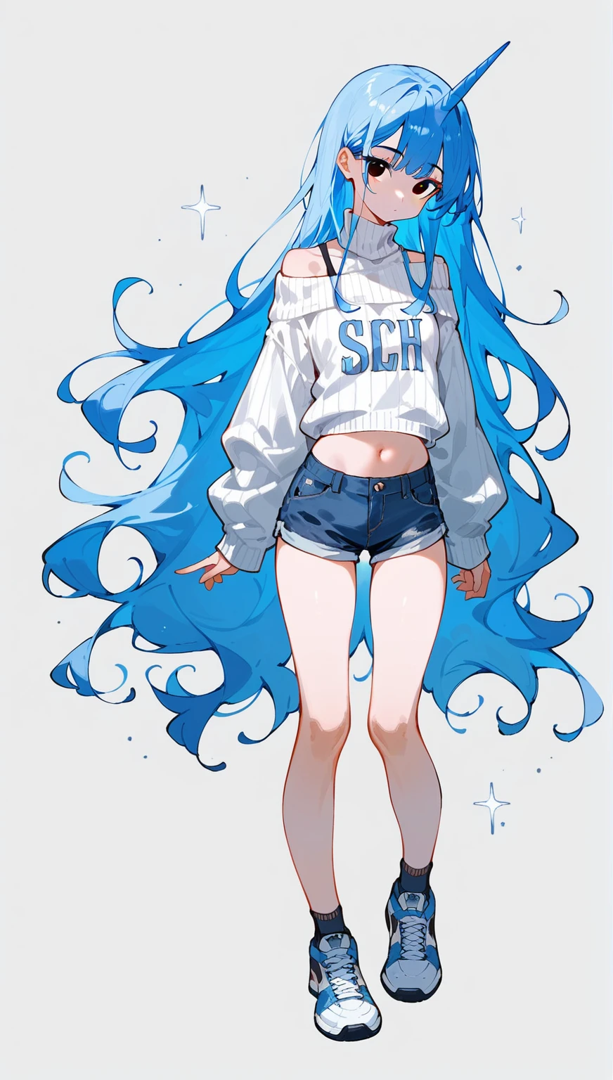 A woman,Blue hair,Standing,Long hair,Bangs,Blue unicorn,Navel,White off-the-shoulder sweater,Long sleeve,Show your shoulders,Denim shorts,Black eyes,Long hair,Anatomically correct, stocking,sports shoes,Simple background/No background, Portrait style, high resolution, High Detail, Very detailed, Ultra HD,