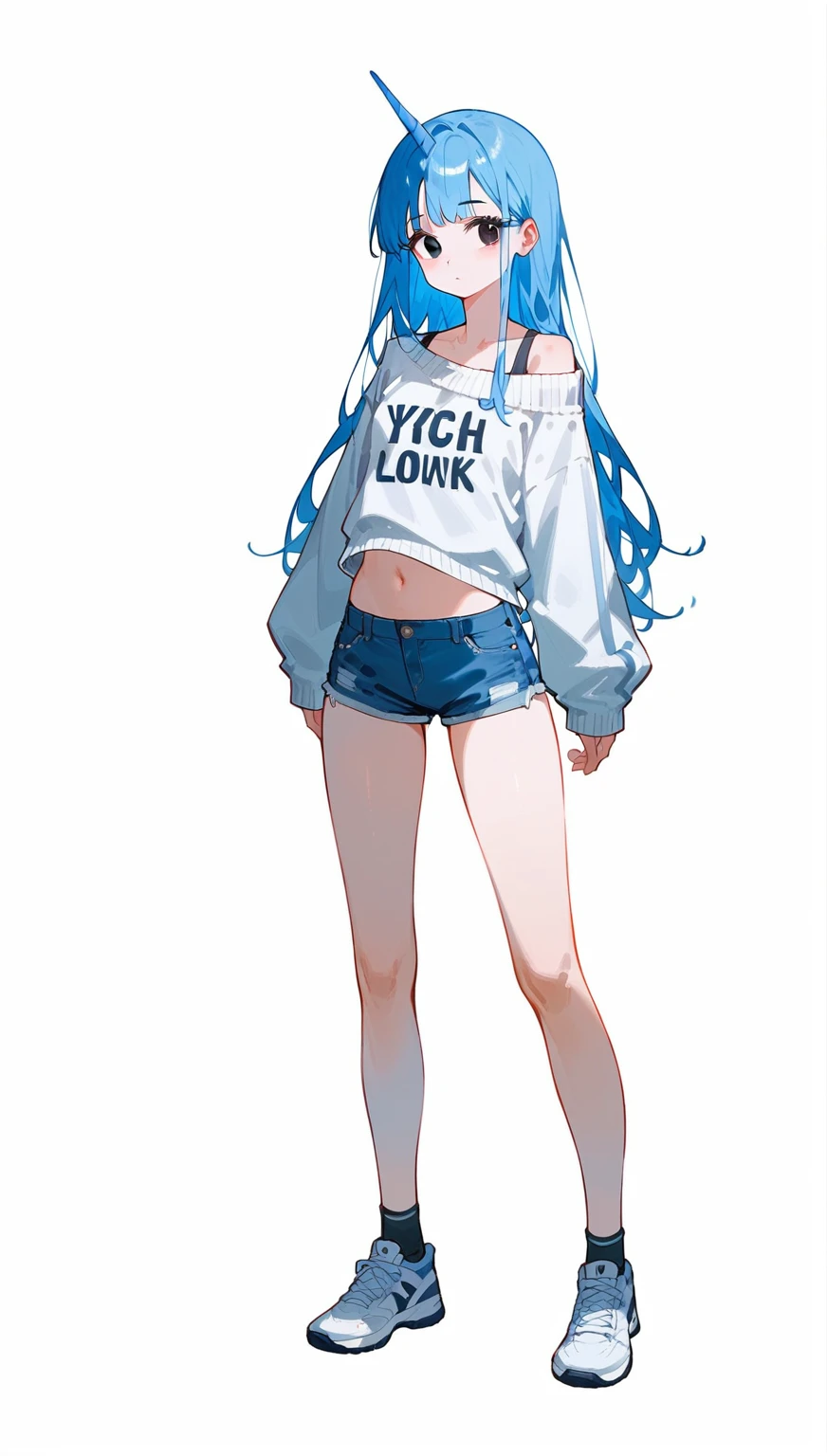 A woman,Blue hair,Standing,Long hair,Bangs,Blue unicorn,Navel,White off-the-shoulder sweater,Long sleeve,Show your shoulders,Denim shorts,Black eyes,Long hair,Anatomically correct, stocking,sports shoes,Simple background/No background, Portrait style, high resolution, High Detail, Very detailed, Ultra HD,