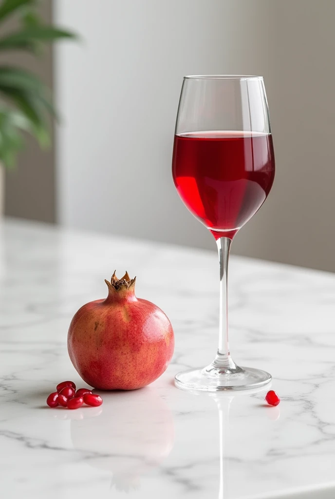 A high-definition image of a pomegranate placed next to a sleek wine glass of red juice, all set on a polished white marble tabletop. The scene is elegantly simple, with the marble’s cool, smooth surface contrasting with the warm, natural tones of the fruit and juice.