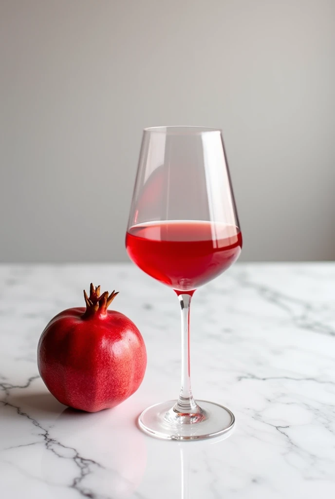 A high-definition image of a pomegranate placed next to a sleek wine glass of red juice, all set on a polished white marble tabletop. The scene is elegantly simple, with the marble’s cool, smooth surface contrasting with the warm, natural tones of the fruit and juice.