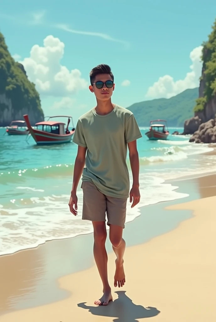 (photorealism) Indonesian man ,Thin and short body (short) ,hairstyle (slicked back),walking on the beach with waves and boats in the background ,Wearing a cool colored t-shirt and shorts,wearing black photochromic glasses ,barefoot ,
