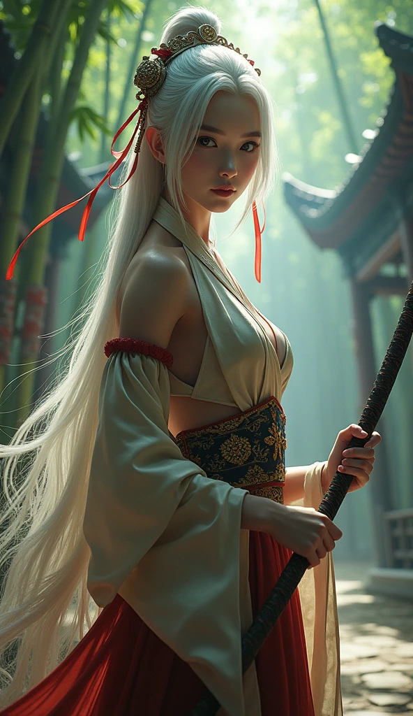 (Dramatic、Leathery、intense:1.4),masterpiece,Highest quality,8k,Crazy Details,Intricate details,Super detailed,super quality,High detail,Super detailed,masterpiece,One person,solo,Hanfu,Shift dress,Red ribbon,gem,Wind,Long sleeves,Long white hair,hair ornaments,Nipple tassels,Handheld Weapons,sword,View your viewers,Photorealistic,bamboo forest,Chinese architecture,Female sword士, sword士