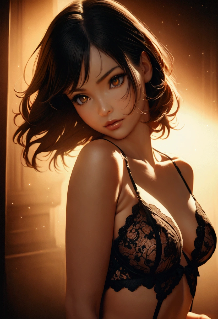a beautiful anime girl in lingerie, detailed face and eyes, long eyelashes, intricate lace lingerie, delicate skin, sensual pose, dramatic lighting, warm color palette, cinematic composition, photorealistic, 8K, masterpiece