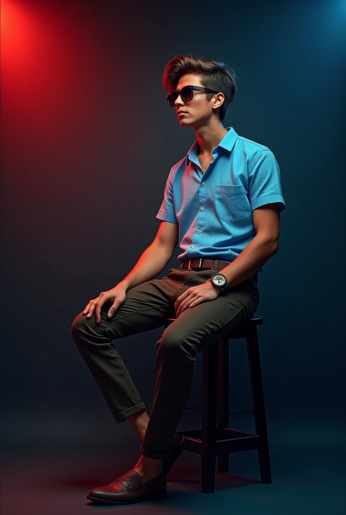 A tan boy with short wavy hair wearing sunglasses, old watch,sky blue shorts sleeve shirt with dark brown belt with black long trouser and dark brown loafers and sitting in black stool and black background with red and blue light on it and turning right side and seeing right side