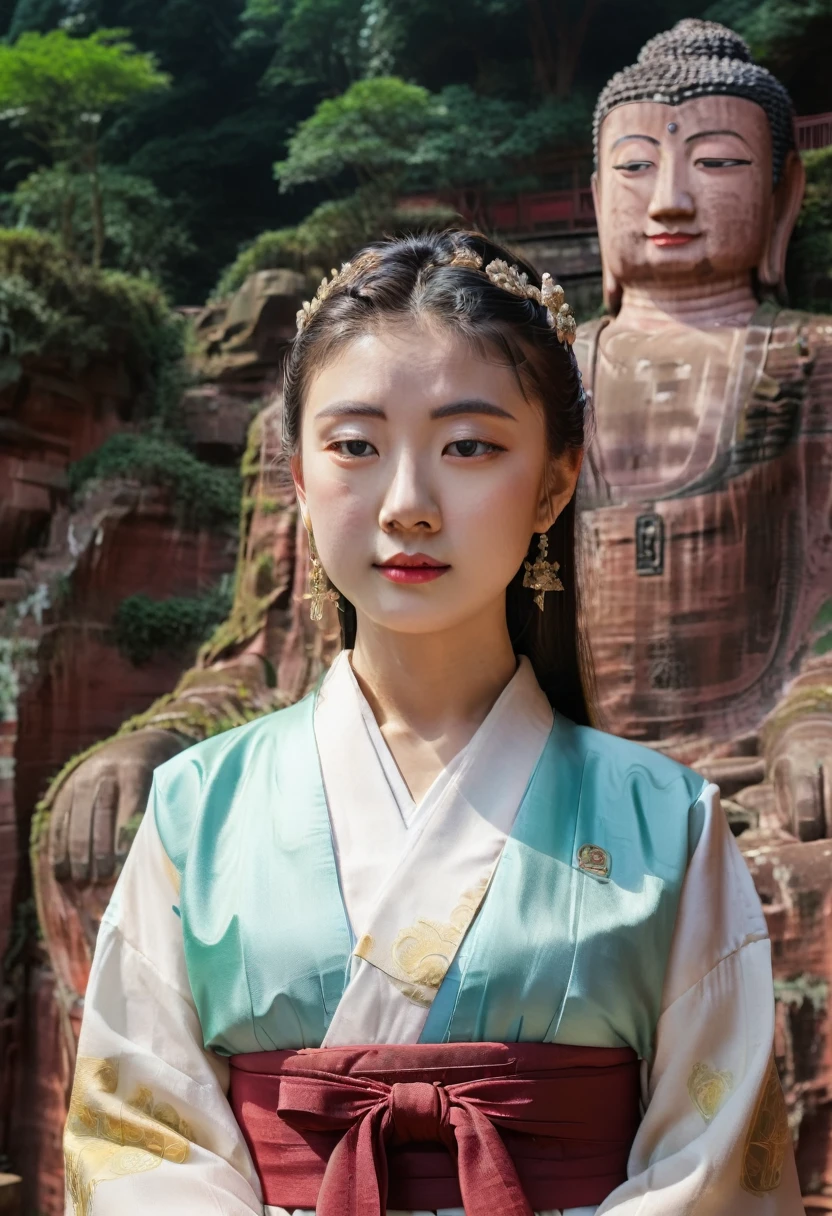 A girl in hanbok, beautiful face, bust, background Leshan Buddha, standing in front of Leshan Buddha, film camera, Fuji, photographic print, cinematic tones, surrealism, extremely detailed, 3D rendering, divine light