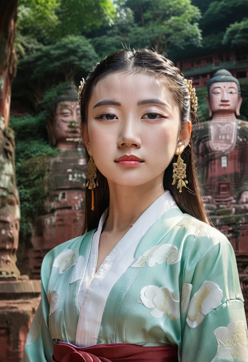 A girl in hanbok, beautiful face, bust, background Leshan Buddha, standing in front of Leshan Buddha, film camera, Fuji, photographic print, cinematic tones, surrealism, extremely detailed, 3D rendering, divine light