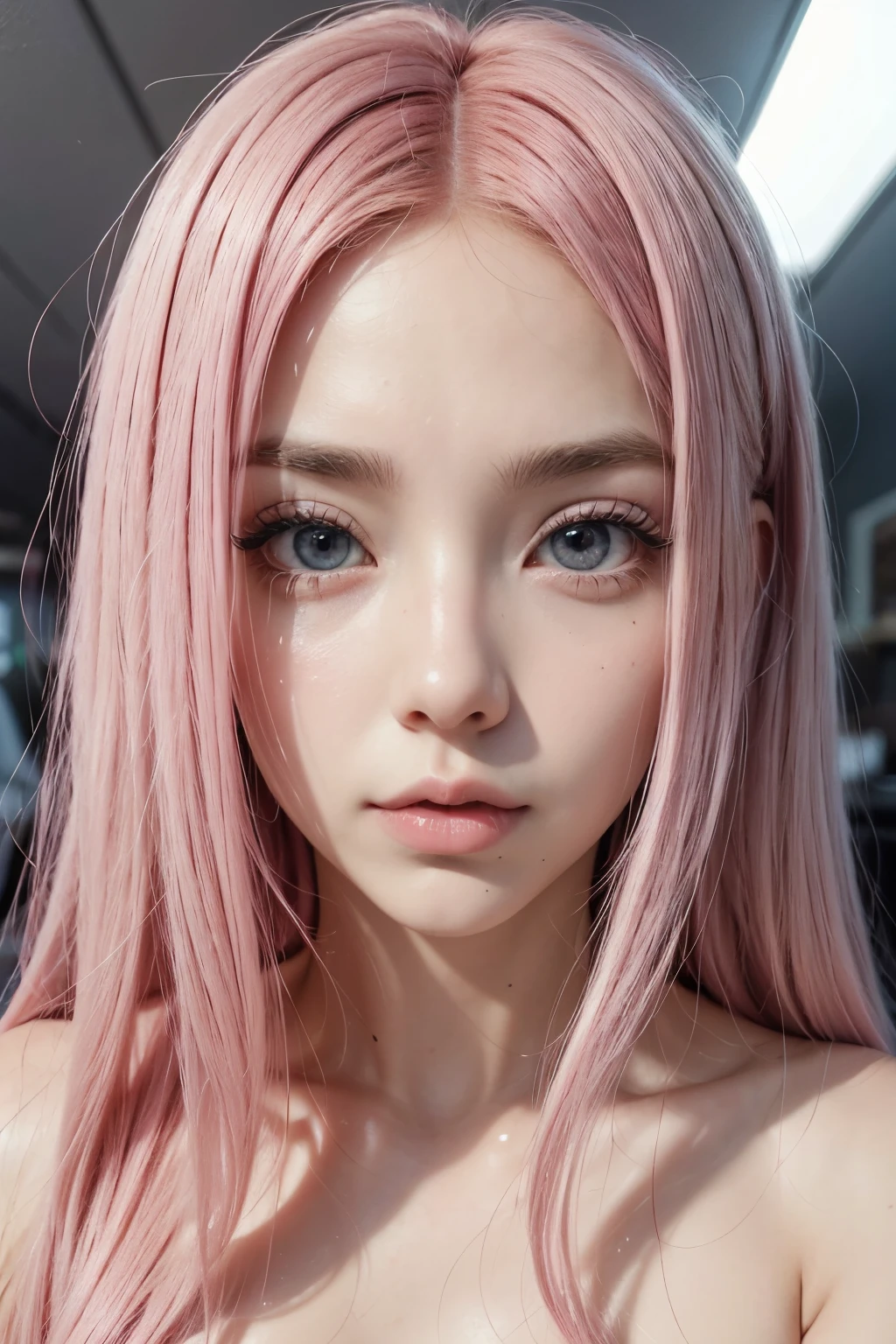 , long bubblegum pink hair, pink eyes, parts, full lips, big eyes long eyelashes, infante