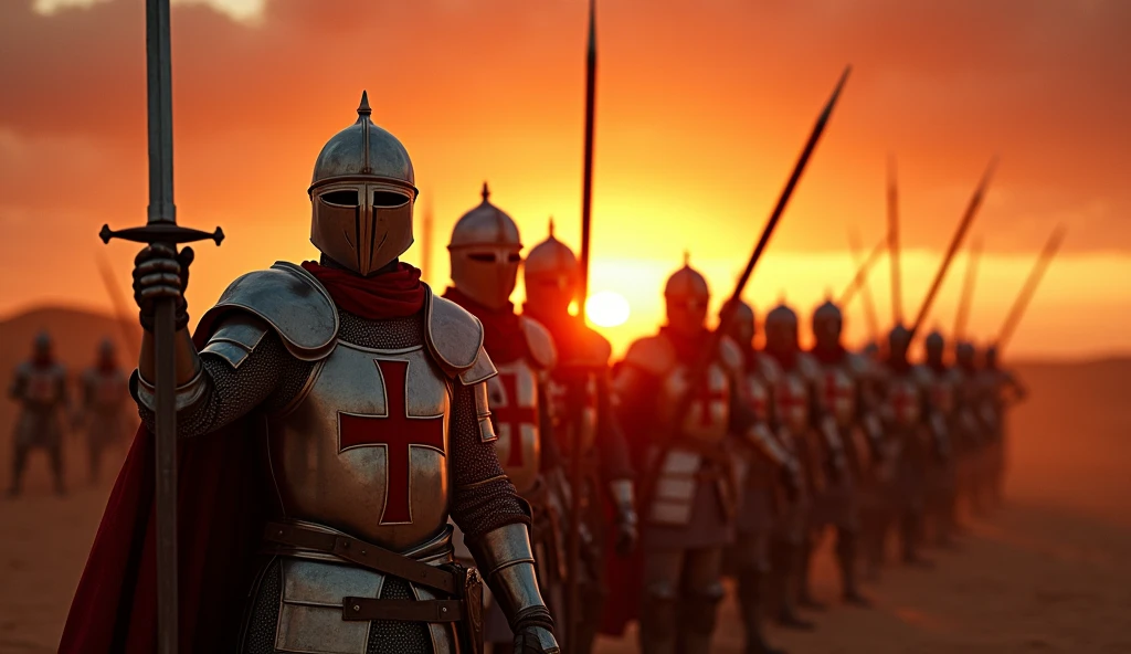 A highly realistic, high-contrast, 8K HD, detailed, hyper-detailed image of crusaders in a desert at sunset, their swords raised high as they prepare for battle, clad in steel armor with prominent red crosses on their chests, faces focused and determined, warm golden light of the setting sun casting long shadows, intricate details of their armor and weapons highlighted, sky painted with deep hues of orange and red, creating a dramatic and intense atmosphere, united in purpose, standing ready to face challenges ahead, ultra-high resolution, RAW photo quality, Unreal Engine rendering, capturing the powerful and inspiring moment as they stand resolute under the evening sky.
