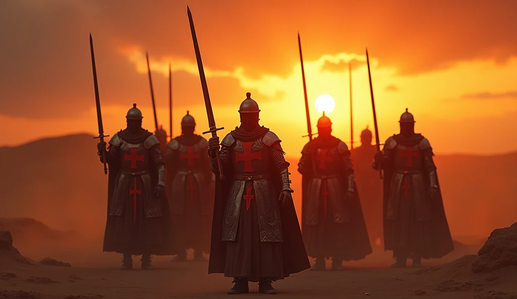 A highly realistic, high-contrast, 8K HD, detailed, hyper-detailed image of crusaders in a desert at sunset, their swords raised high as they prepare for battle, clad in steel armor with prominent red crosses on their chests, faces focused and determined, warm golden light of the setting sun casting long shadows, intricate details of their armor and weapons highlighted, sky painted with deep hues of orange and red, creating a dramatic and intense atmosphere, united in purpose, standing ready to face challenges ahead, ultra-high resolution, RAW photo quality, Unreal Engine rendering, capturing the powerful and inspiring moment as they stand resolute under the evening sky.
