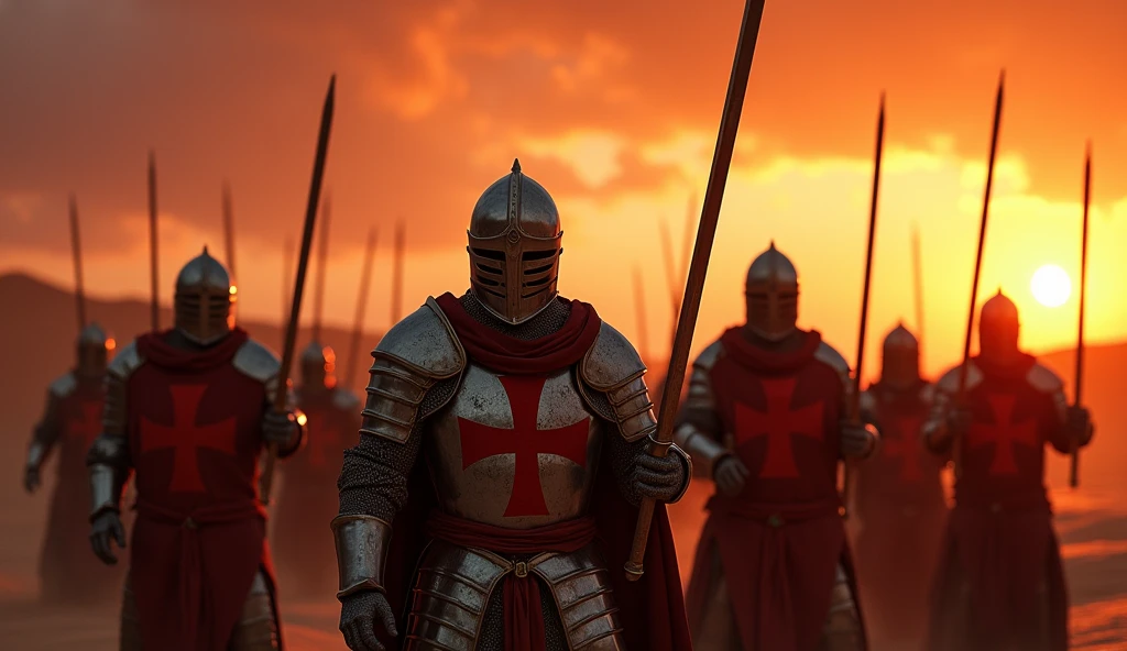 A highly realistic, high-contrast, 8K HD, detailed, hyper-detailed image of crusaders in a desert at sunset, their swords raised high as they prepare for battle, clad in steel armor with prominent red crosses on their chests, faces focused and determined, warm golden light of the setting sun casting long shadows, intricate details of their armor and weapons highlighted, sky painted with deep hues of orange and red, creating a dramatic and intense atmosphere, united in purpose, standing ready to face challenges ahead, ultra-high resolution, RAW photo quality, Unreal Engine rendering, capturing the powerful and inspiring moment as they stand resolute under the evening sky.
