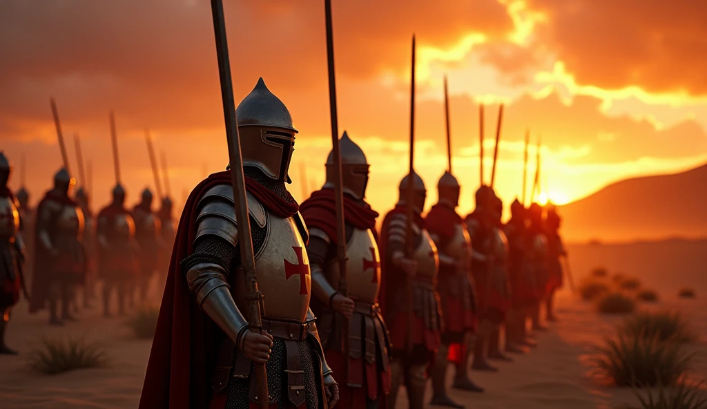 A highly realistic, high-contrast, 8K HD, detailed, hyper-detailed image of crusaders in a desert at sunset, their swords raised high as they prepare for battle, clad in steel armor with prominent red crosses on their chests, faces focused and determined, warm golden light of the setting sun casting long shadows, intricate details of their armor and weapons highlighted, sky painted with deep hues of orange and red, creating a dramatic and intense atmosphere, united in purpose, standing ready to face challenges ahead, ultra-high resolution, RAW photo quality, Unreal Engine rendering, capturing the powerful and inspiring moment as they stand resolute under the evening sky.
