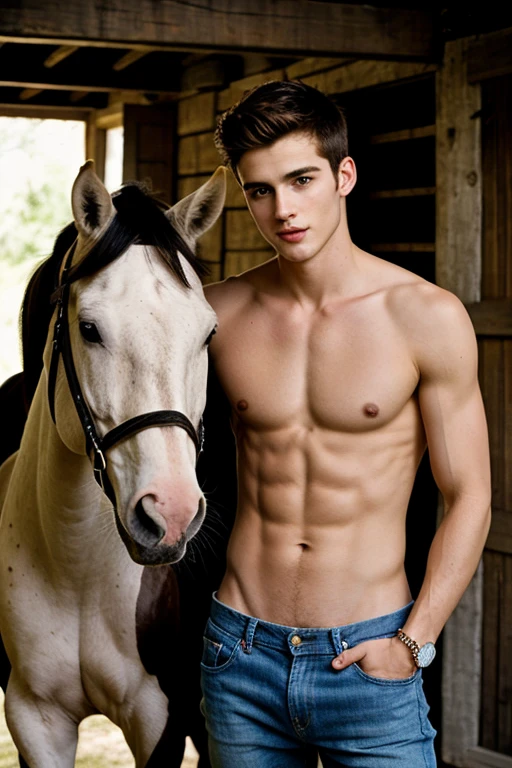 Young handsome cute beautiful skinny white face without shirt  con un cavallo alado de el