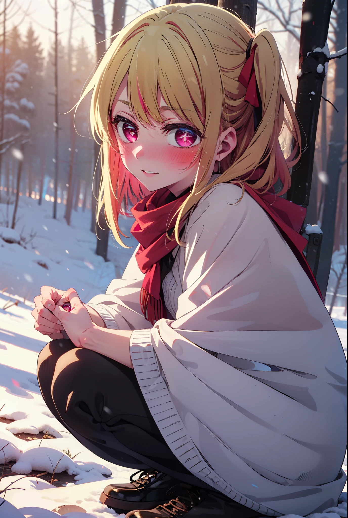 rubyhoshino, Hoshino Ruby, Long Hair, bangs, blonde, (Pink Eyes:1.3), Side Lock, (Symbol-shaped pupil:1.5), Multicolored Hair, Two-tone hair, smile,,smile,blush,white breath,
Open your mouth,snow,Ground bonfire, Outdoor, boots, snowing, From the side, wood, suitcase, Cape, Blurred, , forest, White handbag, nature, Squat, Mouth closed, Cape, winter, Written boundary depth, Black shoes, red Cape break looking at viewer, Upper Body, whole body, break Outdoor, forest, nature, break (masterpiece:1.2), Highest quality, High resolution, unity 8k wallpaper, (shape:0.8), (Beautiful and beautiful eyes:1.6), Highly detailed face, Perfect lighting, Extremely detailed CG, (Perfect hands, Perfect Anatomy),