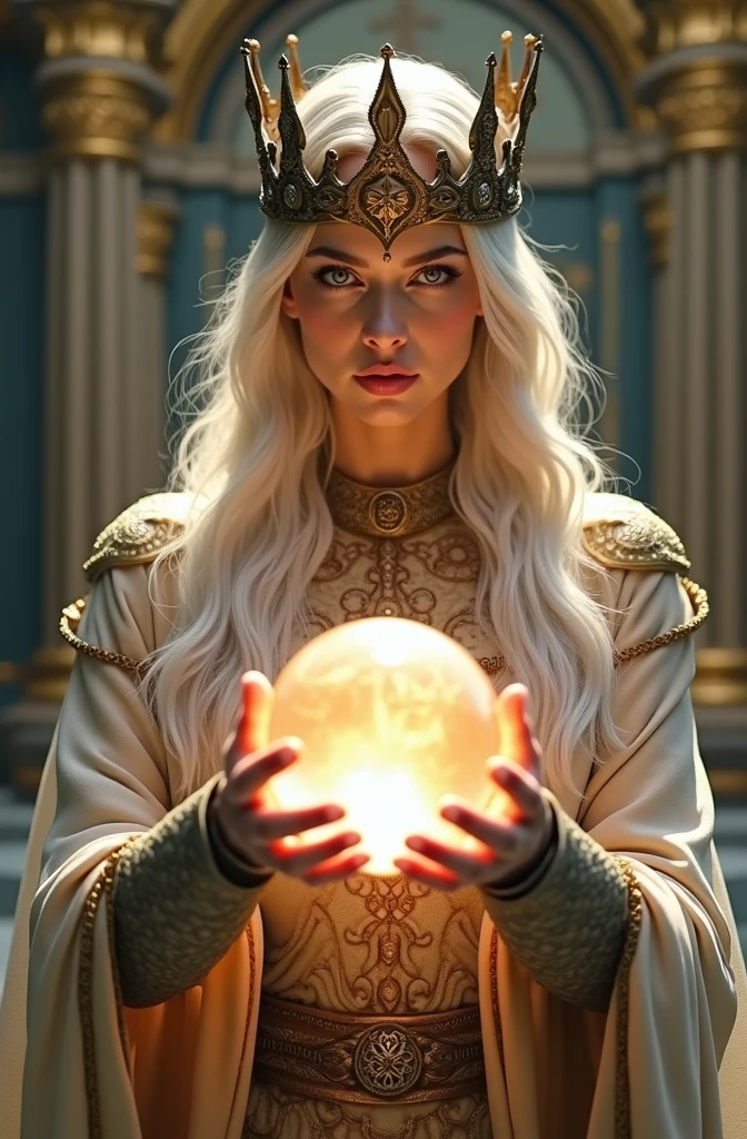 norse goddess,Looking forward close-up wearing a crown, Holding a magic crystal ball, Casting a Spell, best quality, 4K resolution, Flawless face, in a luxurious palace, Superrealisticart)