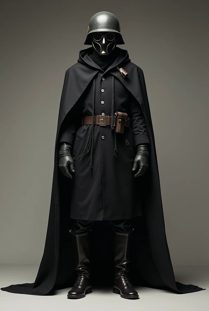 A man wearing a black cloth outfit, his face completely covered by an iron mask with glasses, wearing an M35 helmet, and wearing a sun-protective cloak.
