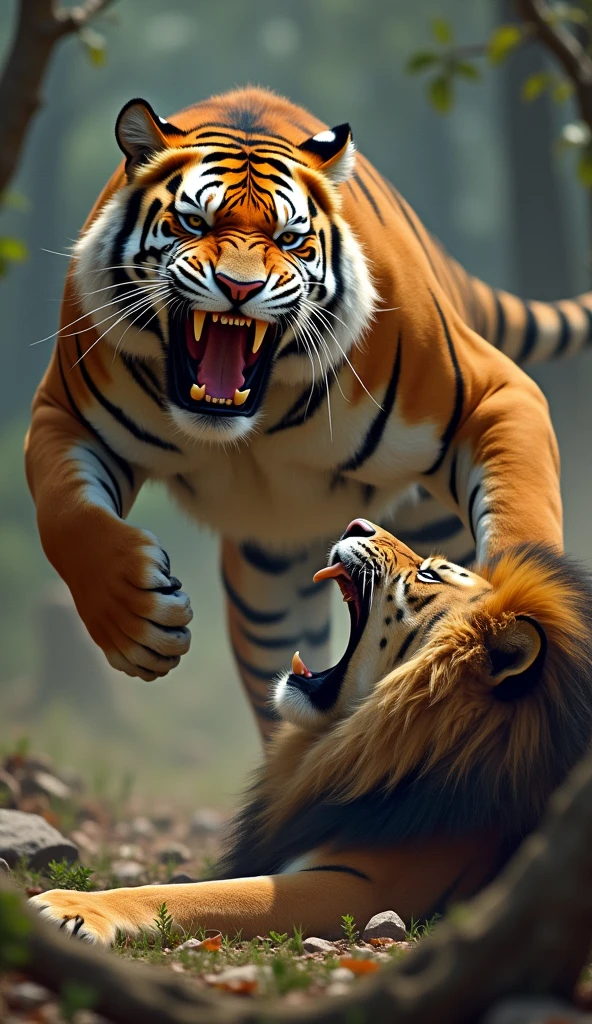 "A realistic scene showing a fierce Bengal tiger overpowering a large, defeated lion. The Bengal tiger should be depicted in a dominant stance with its mouth open in a roar, while the lion lies on the ground with a visible sign of defeat. Ensure the lion’s mane is detailed, and its expression reflects its defeat. The background should feature a natural setting like a dense forest or savannah to enhance the scene's authenticity."