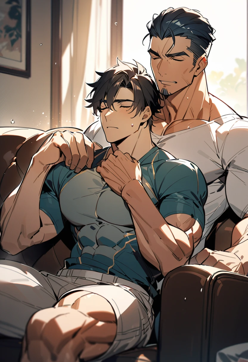 Two muscular men sitting next to each other on a sofa at home、Gay、manly、Highest quality、sweating、Sports haircut、Couple holding hands、Sleeping、Perfect hands