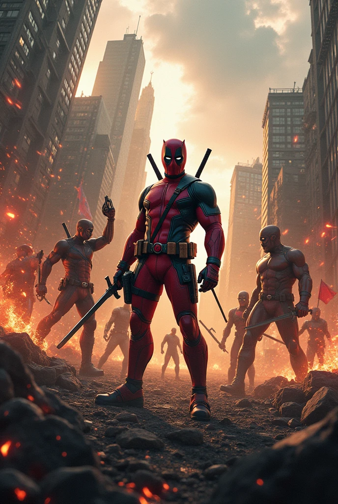 Deadpool in x-men team fighting avengers in a post apocalyptic world