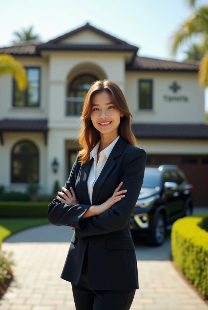 Successfull young lady standing infront of her beautiful home with fortuner black car