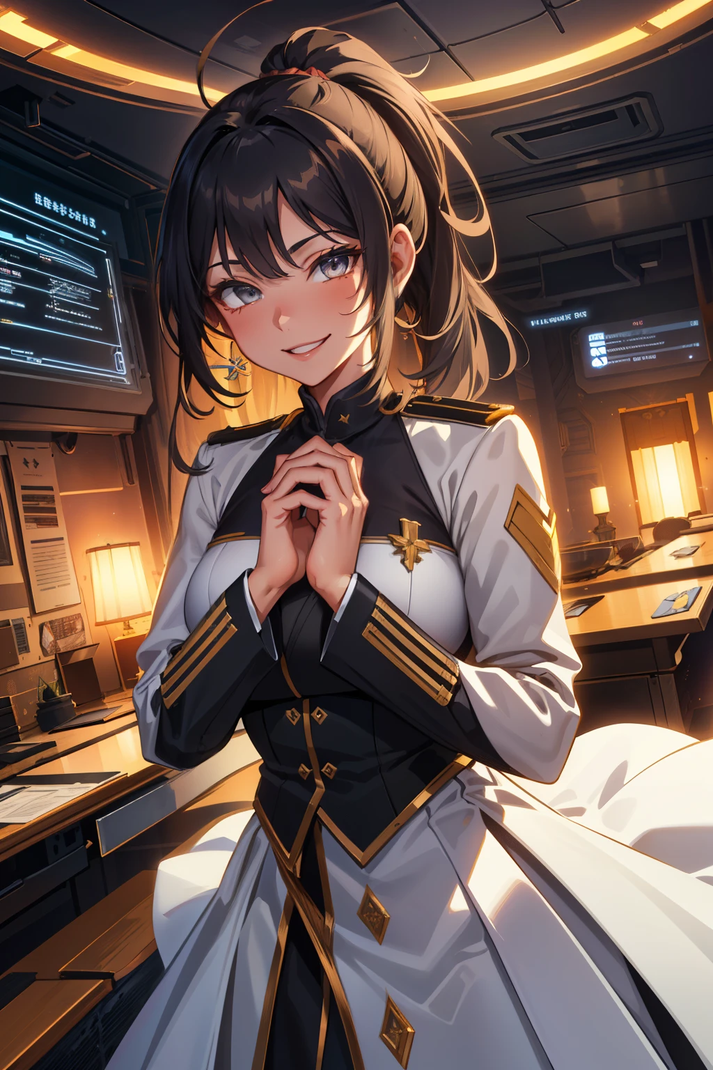 (extremely detailed CG unity 4k wallpaper),(masterpiece),(best quality),(ultra-detailed),(best illustration),(best shadow),(absurdres),(detailed background) Long Black hair (Pony tail), Grey eyes, Hands clasped demurely, Insane smile, White dress uniform, light skin, Spaceship interior background,