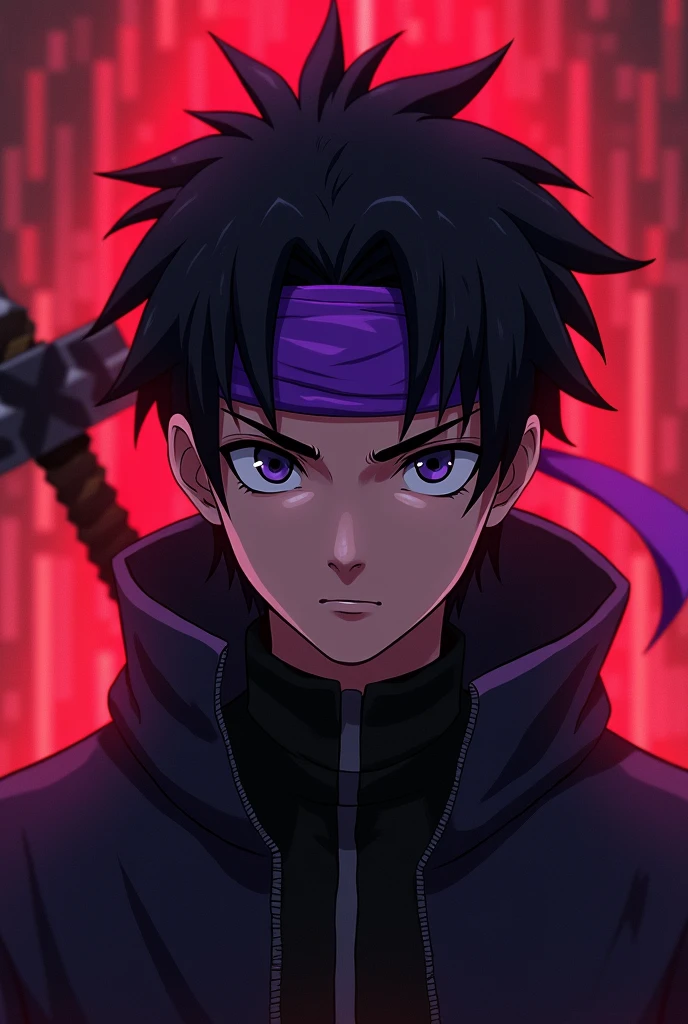a young anime boy with purple headband, deadly aura, hyperrealistic, detailed face, beautiful eyes, striking expression, dark clothing, mysterious background, cinematic lighting, dramatic shadows, digital painting, concept art style, vibrant colors, moody atmosphere, fantasy theme. age must be like 25 and there must be a minecraft diamond axe in the back also make the background theme red . charecter must not be realistic where is the axe. axe must be visible. it must be aminecraft axe