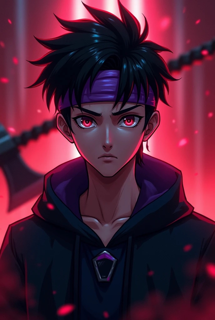 a young anime boy with purple headband, deadly aura, hyperrealistic, detailed face, beautiful eyes, striking expression, dark clothing, mysterious background, cinematic lighting, dramatic shadows, digital painting, concept art style, vibrant colors, moody atmosphere, fantasy theme. age must be like 25 and there must be a minecraft diamond axe in the back also make the background theme red . charecter must not be realistic where is the axe. axe must be visible. it must be aminecraft axe 