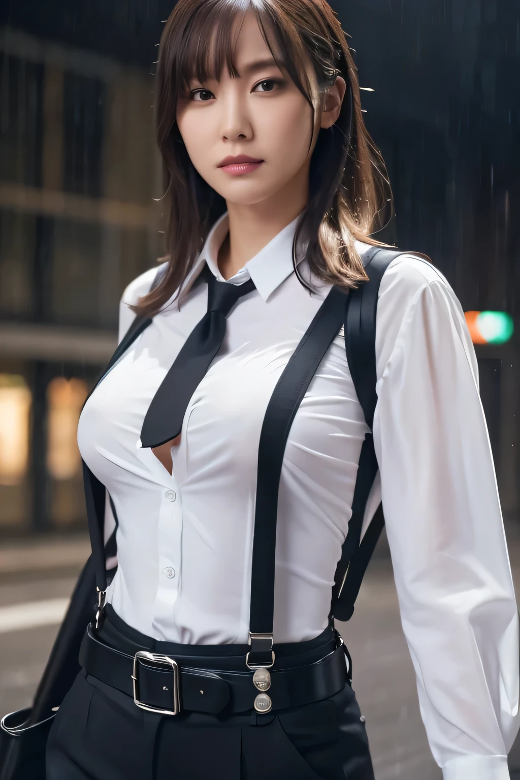 a woman in a suit, belt, hands behind back, sweating, suspenders, black pants, sexly, large breasts, see-through clothing, rain, detective, office worker, white button-up shirt, (best quality,4K,8k,highres,masterpiece:1.2),ultra-detailed,(realistic,photorealistic,photo-realistic:1.37),hyper-detailed,highly detailed face and body, Slender　thin　suspenders　Moderate breasts　See-through shirt　Nipples　holster　chain　Pistol　Armament　criminal　Female criminal　knife