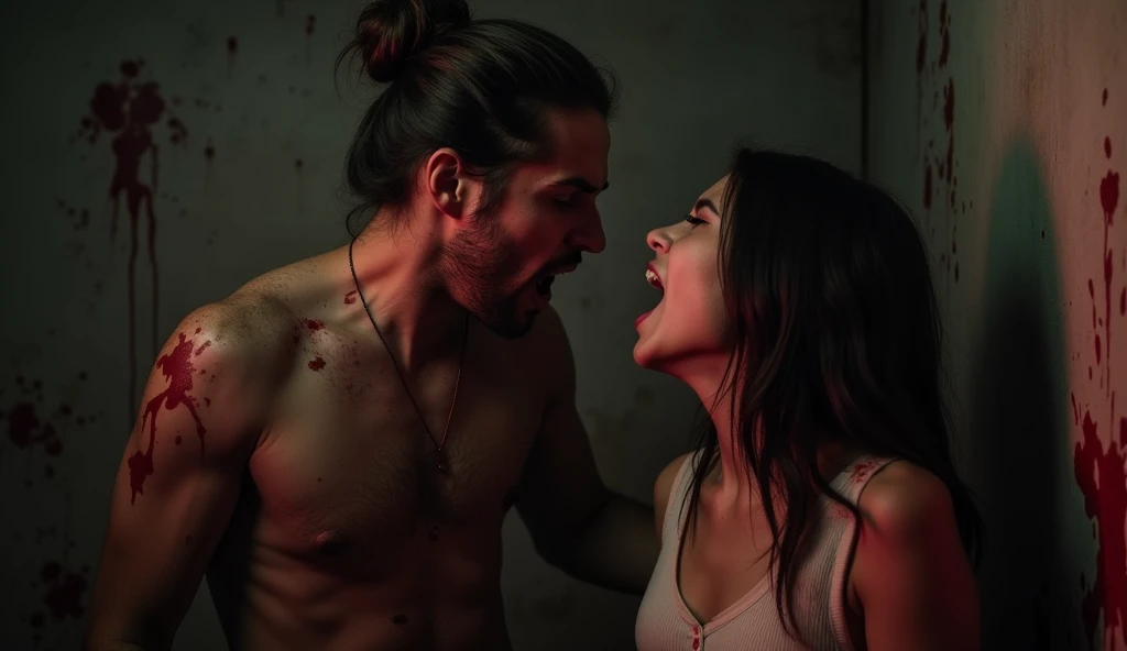 An man who is  waman a  and the girl is screaming, with the background being dark and bloody