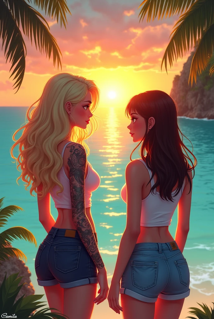 A couple of two girls watching the sunset in a sea, one girl has to be wavy with blonde hair and she has to have a tattoo on her entire arm, she has to be a little small and another girl, the other girl is going to have brown hair and a little bigger than the blonde girl, the blonde has to have straight hair, both of them don't have to have bangs and they are going to be watching the sunset in a tropical place, the one with blonde hair doesn't have to have short hair, she has to have it long and also have it wavy, and the one with brown hair has to have it medium, not so long or so small, and straight with brown hair, not so realistic, and the one with blonde hair has to have the longest hair, the blonde hair has to have the longest hair, and the one with short hair with brown hair has to have it medium, not short or so long, she has medium hair, the one with brown hair has to be a little bigger than the one with blonde hair and has to look a little less realistic, and in one corner has a signature that says Camila
