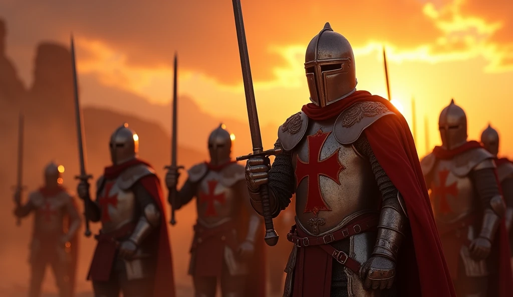 A highly realistic, high-contrast, 8K HD, detailed, hyper-detailed image of crusaders in a desert at sunset, their swords raised high as they prepare for battle, clad in steel armor with prominent red crosses on their chests, faces focused and determined, warm golden light of the setting sun casting long shadows, intricate details of their armor and weapons highlighted, sky painted with deep hues of orange and red, creating a dramatic and intense atmosphere, united in purpose, standing ready to face challenges ahead, ultra-high resolution, RAW photo quality, Unreal Engine rendering, capturing the powerful and inspiring moment as they stand resolute under the evening sky.