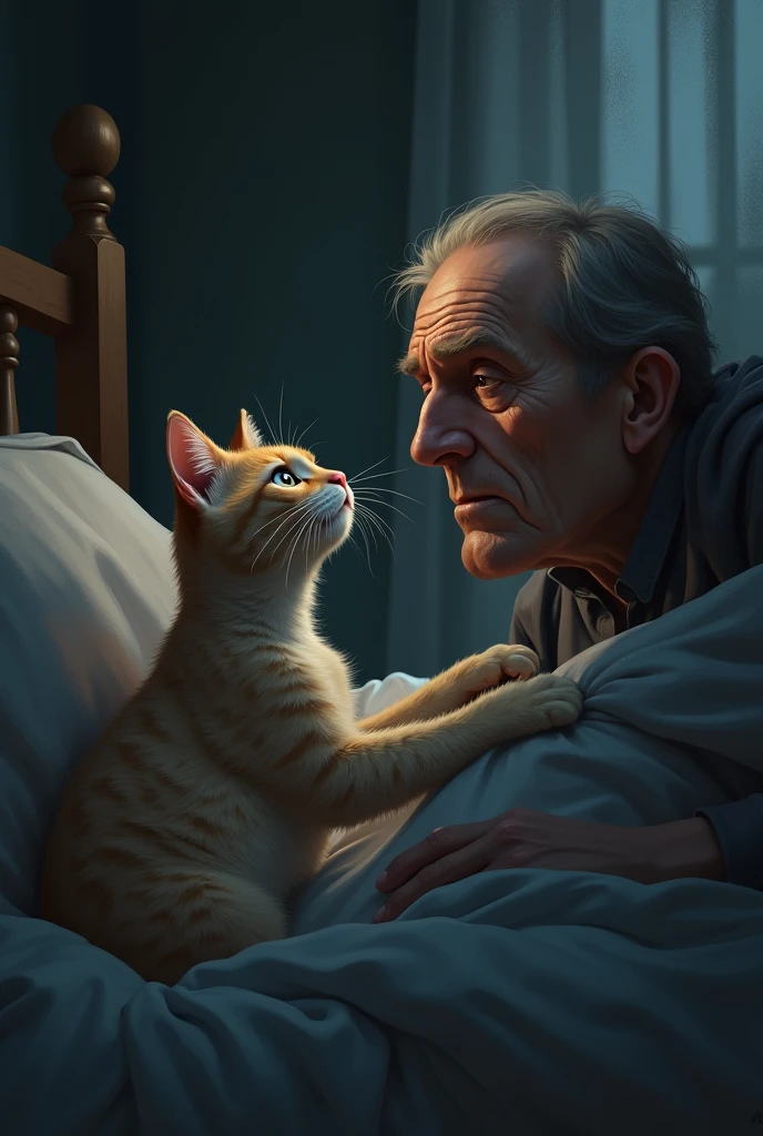 Sad cat saying goodbye to his master as he is going to die soon