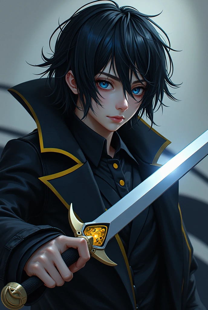 A 2, naughty man, with medium black hair, with blue eyes with blue stripes near the eyes forming a line, with a black overcoat with yellow stripes, with a thin long sword, with a volcano heart inside the blade, but the blade is gray and has Helsen written in yellow on the blade.