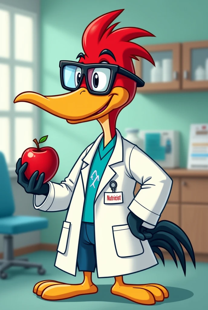 Woody Woodpecker cartoon character in a doctor&#39;s office wearing a lab coat with the word nutritionist written on it,  with glasses and holding an apple in his hand 