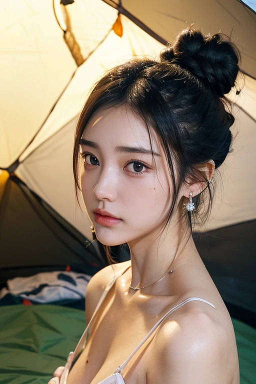 (2 pure Japanese girl,), (Small breasts:1.5,),(Moles on the left side of the neck and the right side of the chest:1.5),(solo,,Textured skin, Detailed skin,Detailed face,Detailed eyes,detailed posing,Natural eyebrows,Sparkling Eyes,High detail, Highest quality, Super detailed, Surrealism, ,8k,RAW Photos,Photographicism,Professional Lighting,Ray Tracing,Portrait Photography,Natural Light),(((Black Hair, Natural Makeup,Simple earrings, Low bun hairstyle,))),(((camp site,tent)))