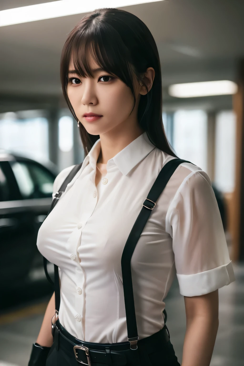 a woman in a suit, belt, hands behind back, sweating, suspenders, black pants, sexly, large breasts, see-through clothing, rain, detective, office worker, white button-up shirt, (best quality,4K,8k,highres,masterpiece:1.2),ultra-detailed,(realistic,photorealistic,photo-realistic:1.37),hyper-detailed,highly detailed face and body, Slender thin suspenders Moderate breasts See-through shirt Nipples holster chain Pistol Armament criminal Female criminal knife