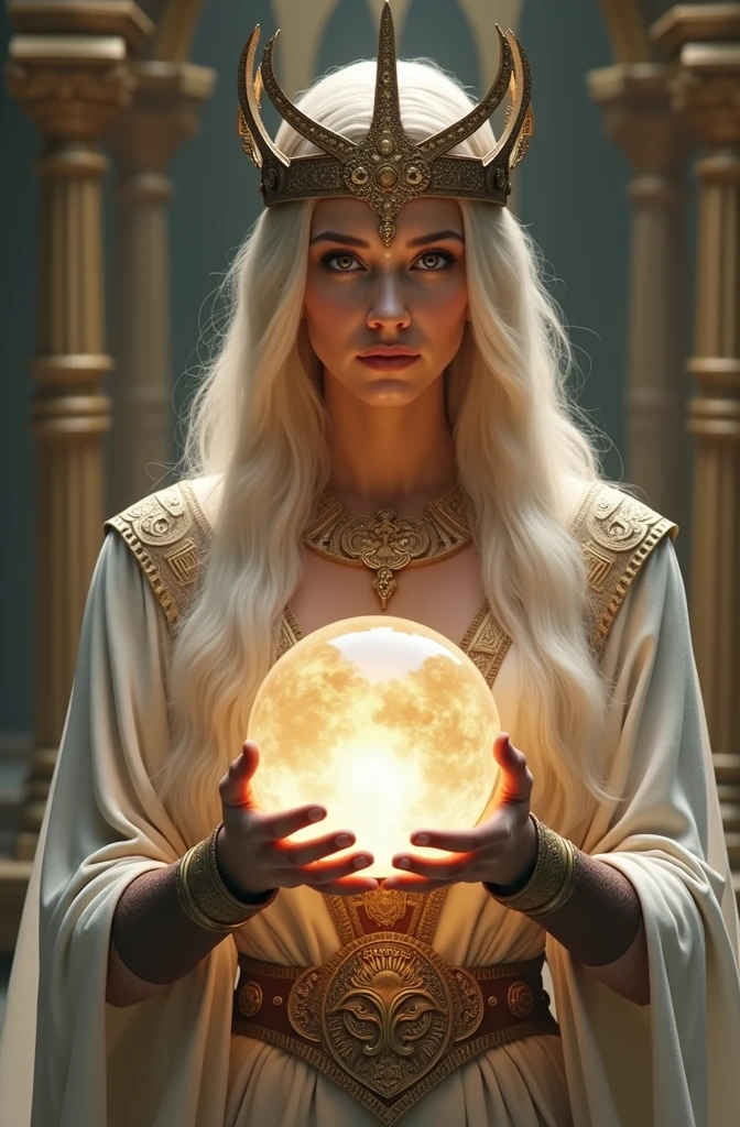 norse goddess,Looking forward close-up wearing a crown, Holding a magic crystal ball, Casting a Spell, best quality, 4K resolution, Flawless face, in a luxurious palace, Superrealisticart)