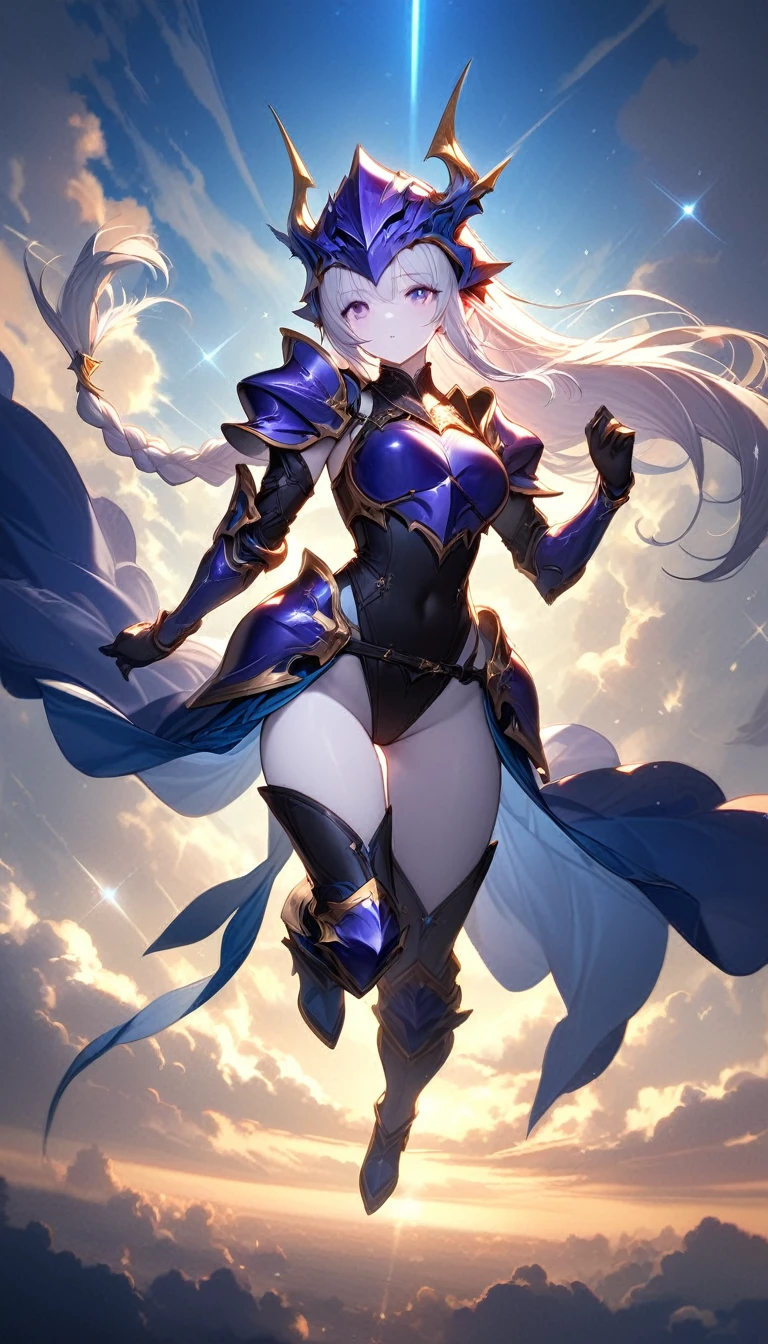 (One Woman),(Best image quality, 32K, masterpiece:1.3),((Silver long hair:1.1)),(Swept-apart bangs,Braiding), (Cute eyes, Dark Eyes), (Detailed eyes),(Mole under right eye), (Standard weight), (Glowing Skin:1.1),(Pale skin:1.2),(A fantastic atmosphere),(look up),Ultra-high resolution, Textured skin, Sparkle Effect, Full body Final Fantasy,female dragon knight,Violet plate armor,Blue-purple dragon helmet,
blue sky,cloud,jumping in the sky,jump,Jump high into the sky,
ホールディング-gun,gun