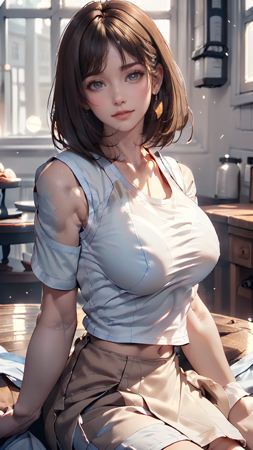 Highest quality, Realistic, 8k, High resolution, 1 girl, woman, (Skin Dentition), (Portraiture: 0.6), nice, ((Big round breasts, Sleeveless white T-shirt: 1.75)), Straight Viewer: 1.8, (1 personEyes, Medium length hair, Brown Hair, Parted bangs : 1.65), Realistic, (Bokeh), (Mouth closed: 1.46), nice, Pure Eros Face_v1,