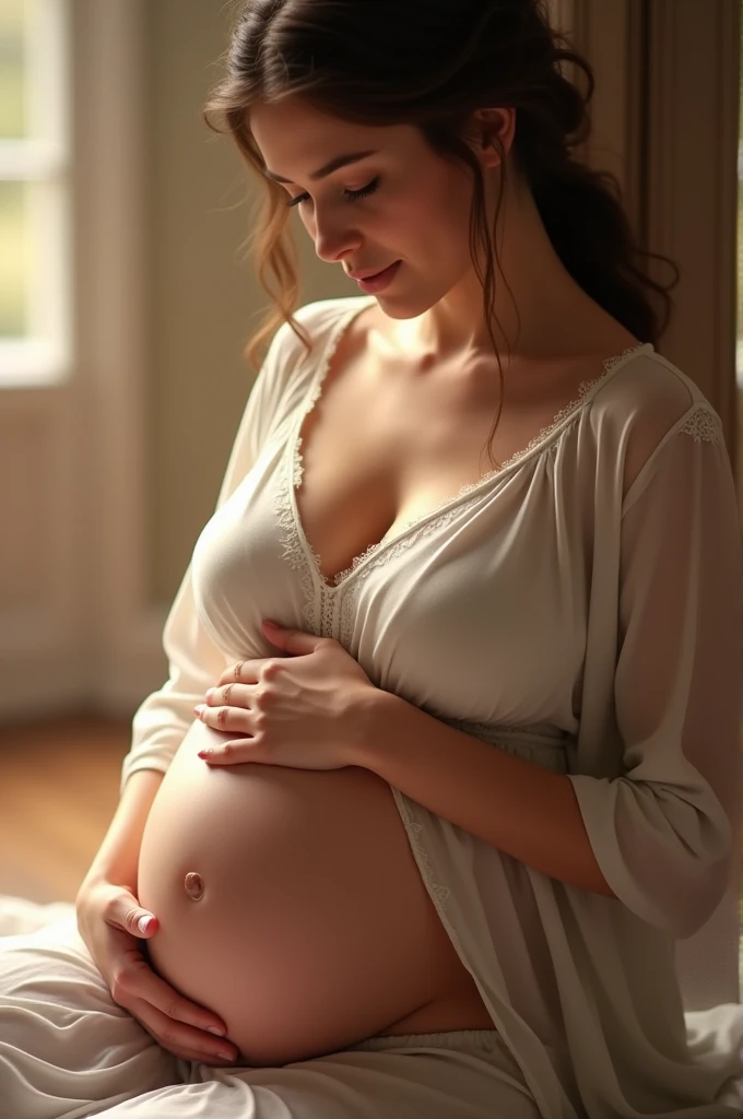 Pergent lady with picture lovingly touch the our stomach