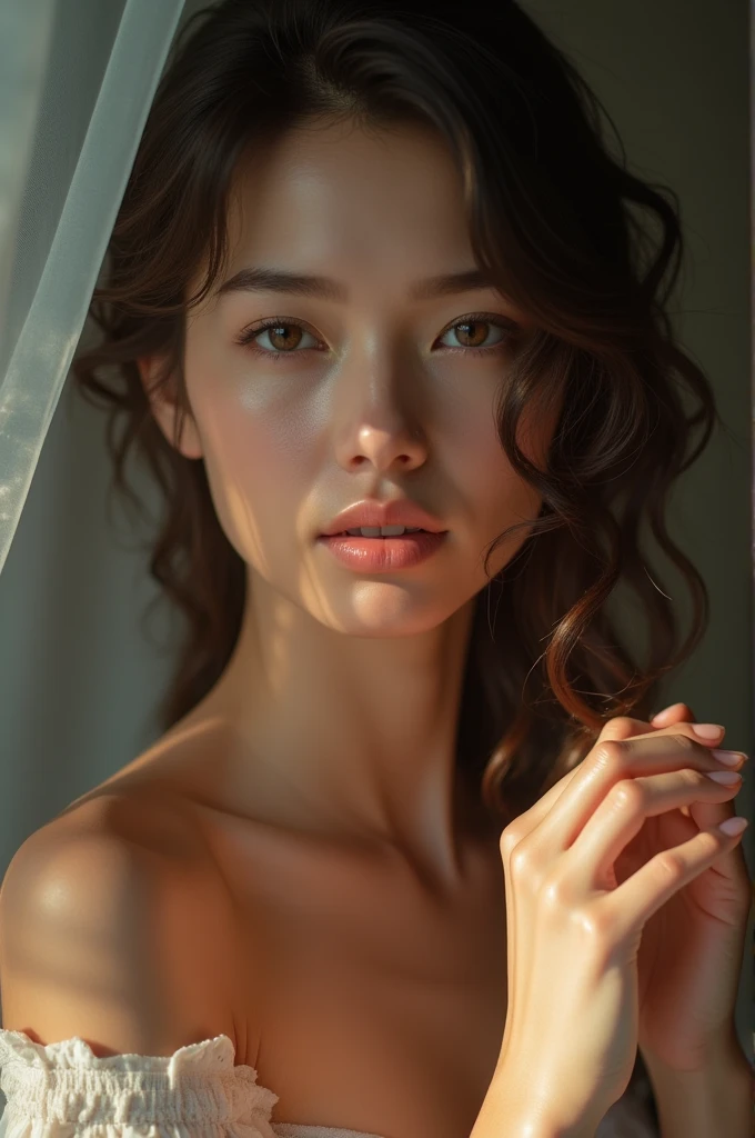 Very detailed CG unity 8k wallpaper.), The most beautiful girl in the world, 1 girl, upper body,hands and fingers Beautiful and perfectly proportioned,The skin is smooth and fine.,Cinematic backlight,