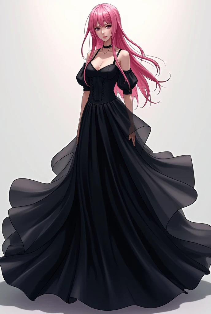 Sakura Haruno in a long black dress that wraps around her upper body and then falls to the ground in numerous layers of silky fabric