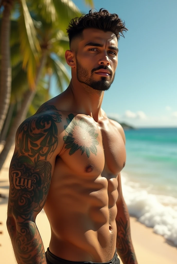 a young man AI high quality muscular tattoo with name “ruy” light skin tanned piercing gaze light pink mouth with realistic Brazilian beach background