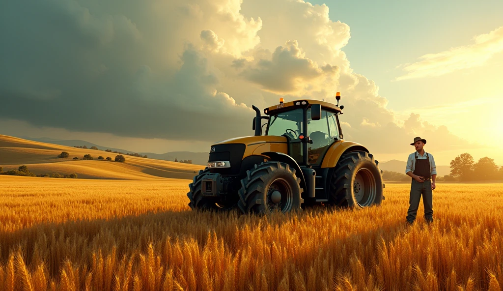 A beautiful pastoral landscape, a farmer standing next to his large tractor, golden wheat fields, rolling hills, cloudy sky with sunbeams, idyllic rural scene, detailed rendering, photorealistic, highly detailed, 8k, hyperrealistic, dramatic lighting, vibrant colors, dramatic clouds, cinematic composition