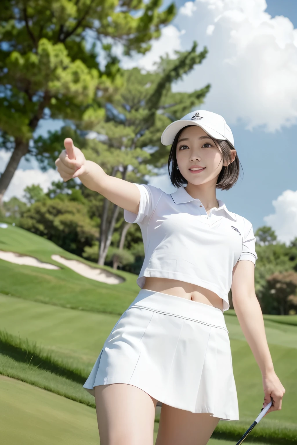 You are a professional photographer,BREAK,A healing presence、(4K,8k,Masterpiece,Realistic)、Super Resolution:1.3、Real、 RAW Photos、(Realistic:1.2)、(Angle from behind),(from below:2.0),(Japanese women)、Japanese Idol、(Beautiful face in every detail)、ld、A gentle gaze、Natural Makeup、short hair、Cleavage、Sexy golf wear、mini skirt、Tight Skirt、Showing white panties、Wear a sun visor、smile、Golf course、Turf、Outdoor