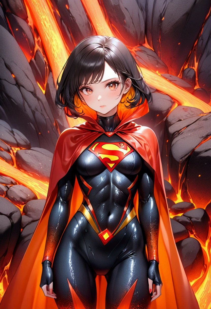 AN INCREDIBLY SEXY, CUTE AND SHY FUTURISTIC LAVA COVERED FEMALE WEARING A SYNTHETIC LIQUID LAVA SUPERGIRL COSTUME AND CAPE. ABSURD 8K DETIALS AND TEXTURES. MASTERPIECE. LAVA SKIN, LAVA FACE, LAVA HAIR.