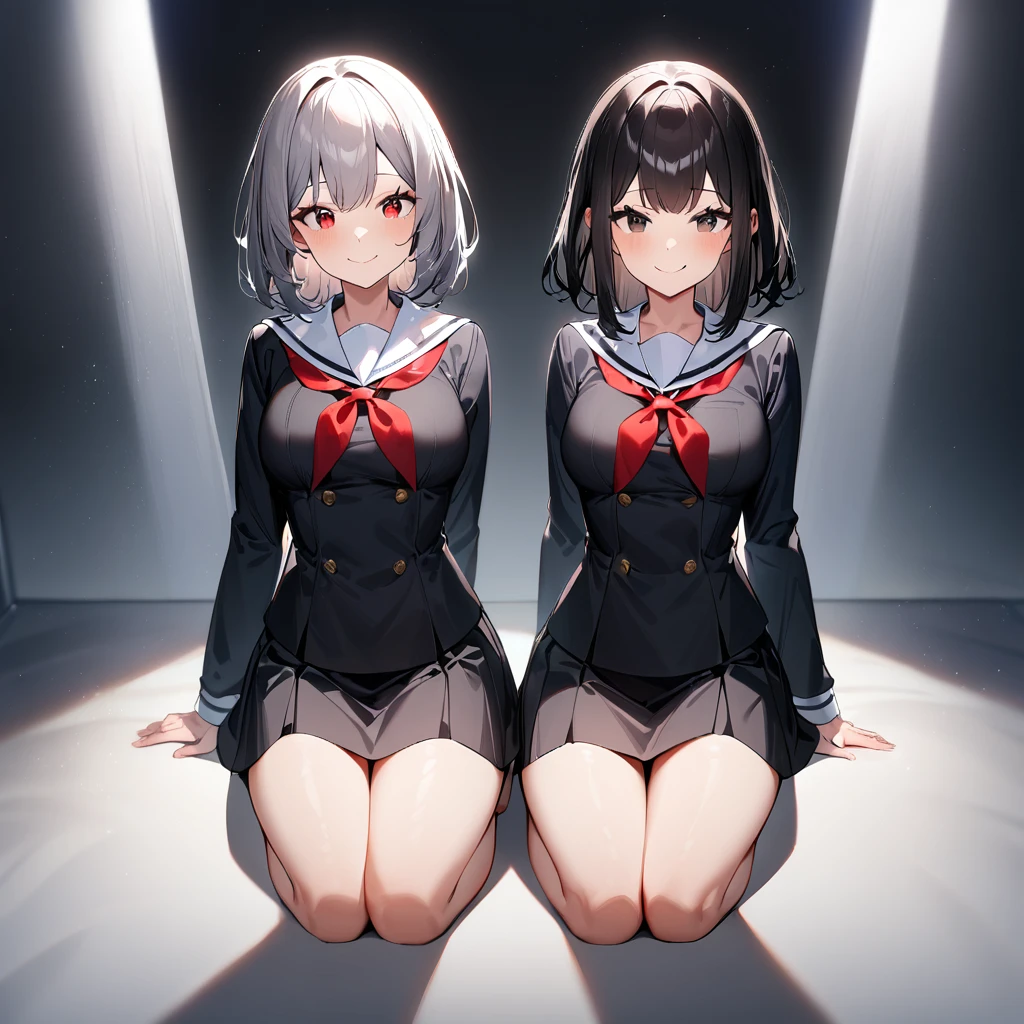 (2girls),adult,smile,school_uniform,White sailor,bareLegs,feet,barefoot,medium hair.black hair,gray hair,black eyes,red eyes,medium_breasts,breasts,masterpiece, best quality, very aesthetic, absurdres,front View,(straight-on),side by side,seiza,light,dynamic angles