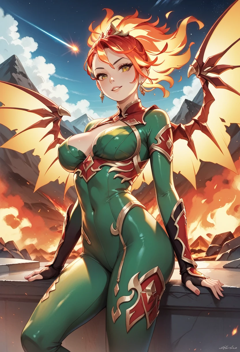 uhd, masterpiece, textured skin, super detail, high details, 8k, (\One woman, Fiery hair:1.1, Flame hair color:1.2, Beautiful gradation from red to yellow, cuticle, Green and red bodysuit, Flaming wings on my back, The whole body is engulfed in flames:1.3, Volcano background/), Beautiful digital artwork